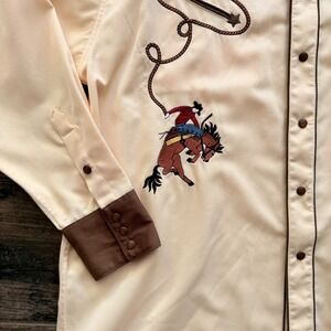 Panhandle Slim Retro Western Embroidered Bronco Smiley Snap LS Shirt,Yellow,XL
